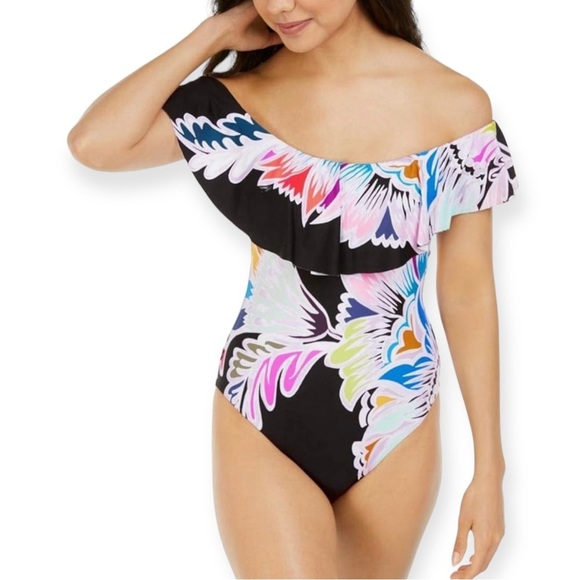 Trina Turk Women's Off-The-Shoulder Ruffle Bandeau One Piece Swimsuit Size 0 - Picture 1 of 10